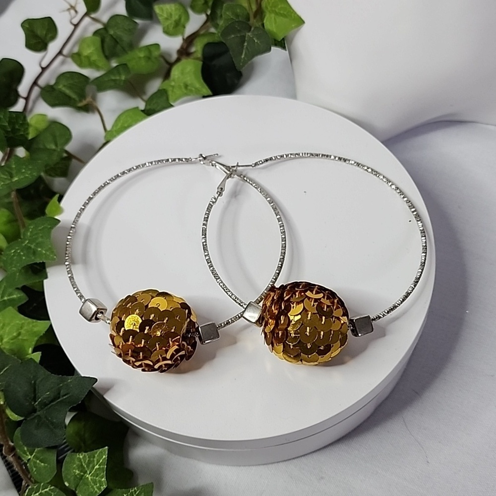 Large Silver Statement Hoop Earrings with Gold Sequin Disco Ball New